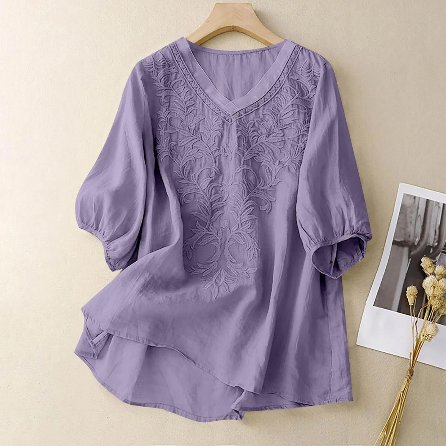 Linen Shirts for Women Crewneck Retro Blouses Floral Print 2025 Summer Tshirt Long Sleeve Loose Fit Shirt