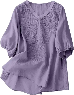 Linen Shirts for Women Crewneck Retro Blouses Floral Print 2025 Summer Tshirt Long Sleeve Loose Fit Shirt