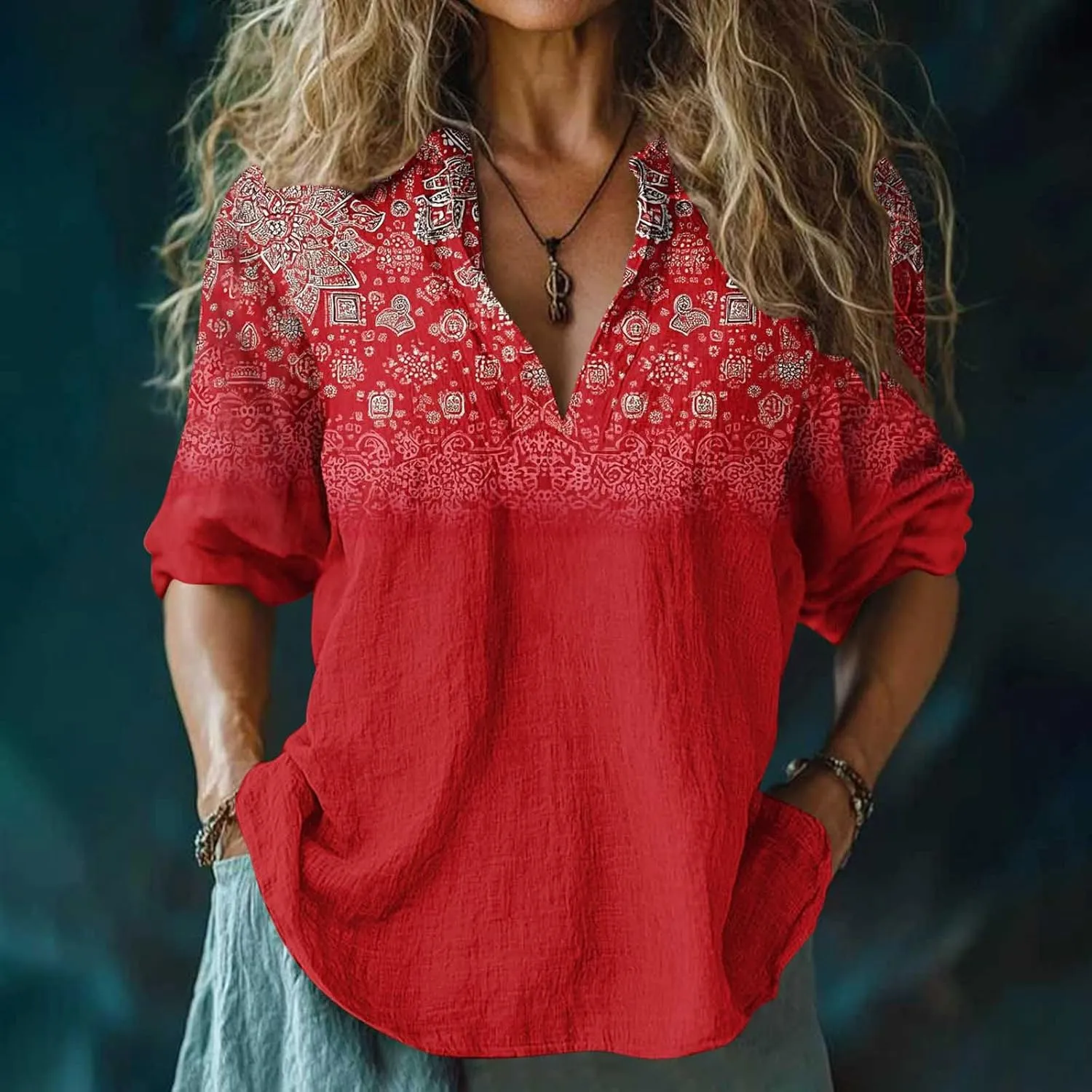Linen Shirts for Women Cute Boho Floral Graphic Tees Summer 3/4 Length Sleeve V Neck Tunic Blouses Casual Tshirts
