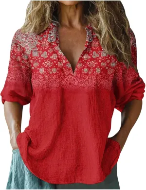 Linen Shirts for Women Cute Boho Floral Graphic Tees Summer 3/4 Length Sleeve V Neck Tunic Blouses Casual Tshirts
