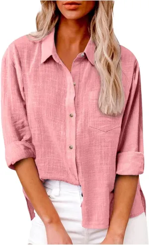 Linen Shirts for Women Down Shirt 2025 Spring Casual Long Sleeve Solid Color Shirts Loose Work Tops with Pockets