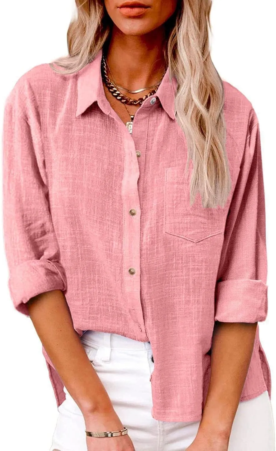 Linen Shirts for Women Down Shirt 2025 Spring Casual Long Sleeve Solid Color Shirts Loose Work Tops with Pockets