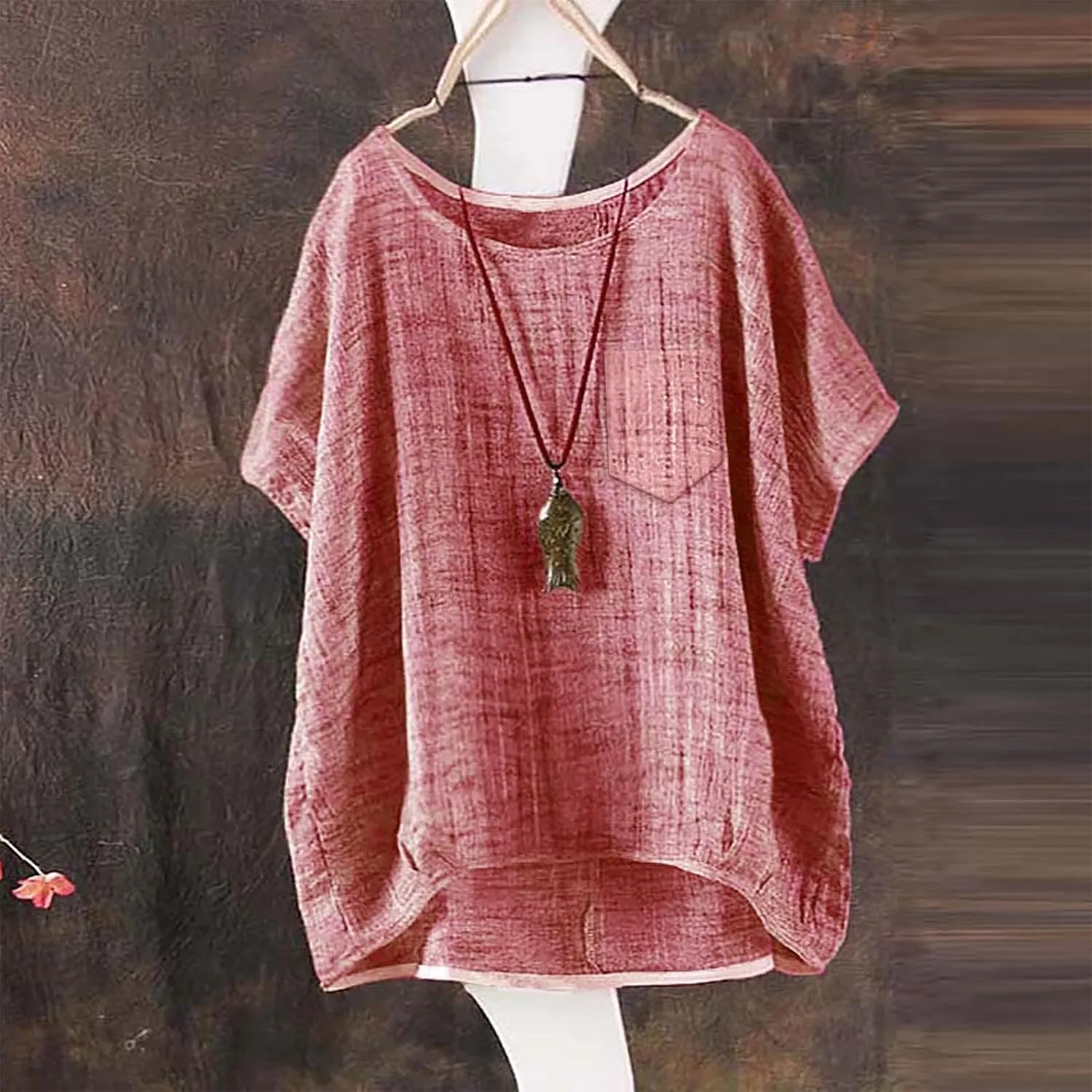Linen Shirts for Women Summer 2025 Trendy Plus Size Crewneck Short Sleeve Cute Tops Casual Loose Fit Comfy Blouses