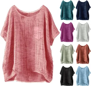 Linen Shirts for Women Summer 2025 Trendy Plus Size Crewneck Short Sleeve Cute Tops Casual Loose Fit Comfy Blouses