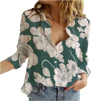 Linen Shirts for Women Summer Boho Floral Print Tops Elegant V Neck Button Casual Cotton Linen T Shirt Long Sleeve