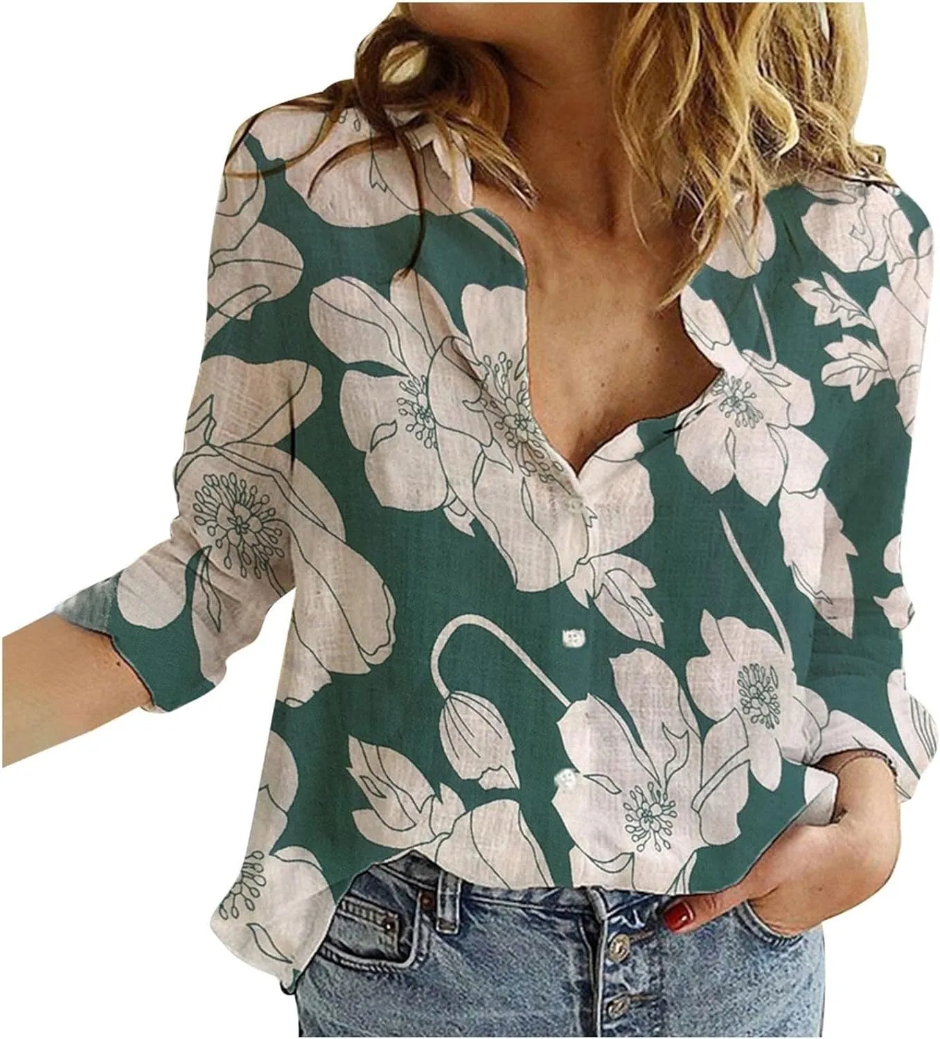 Linen Shirts for Women Summer Boho Floral Print Tops Elegant V Neck Button Casual Cotton Linen T Shirt Long Sleeve