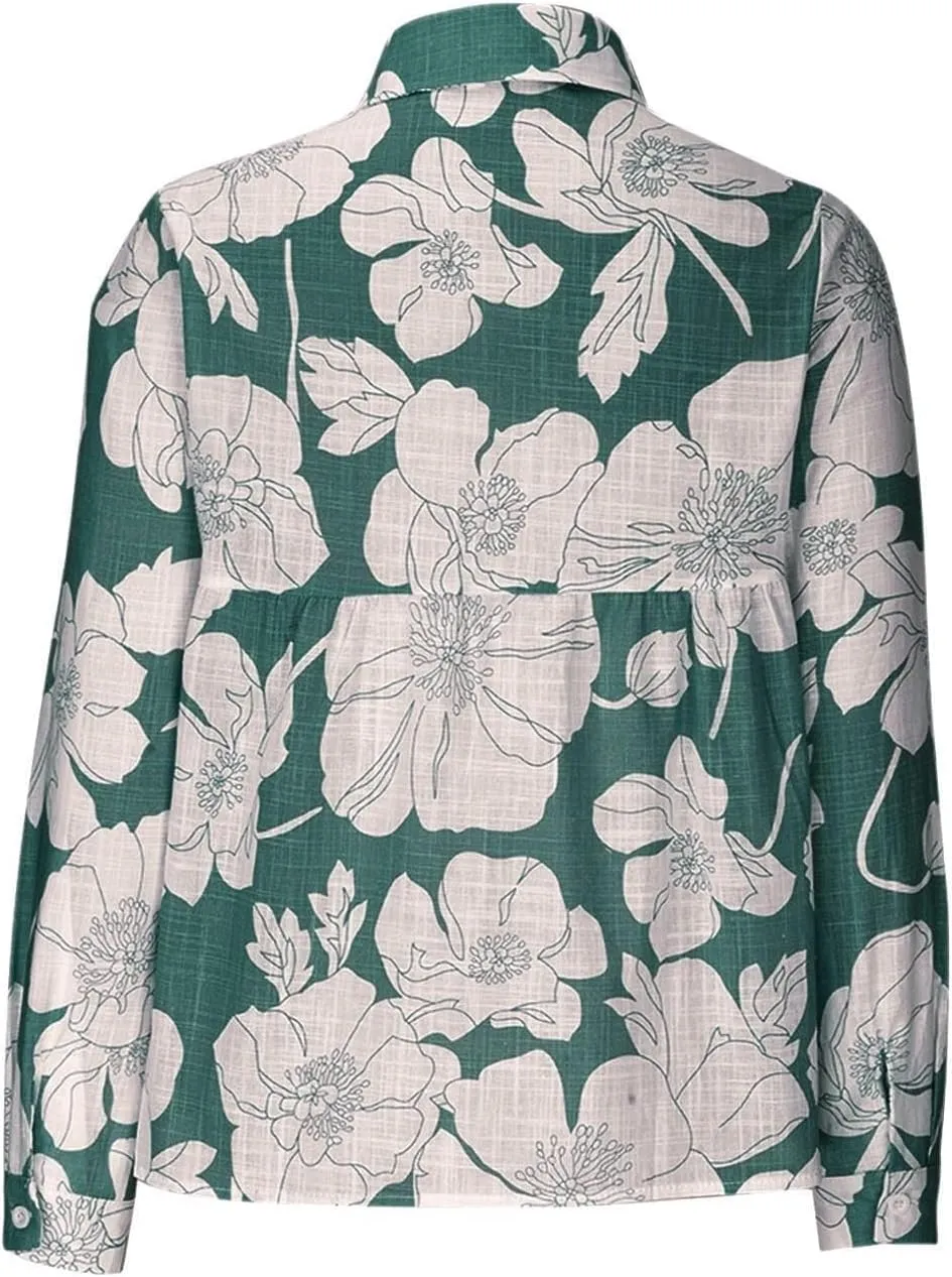Linen Shirts for Women Summer Boho Floral Print Tops Elegant V Neck Button Casual Cotton Linen T Shirt Long Sleeve