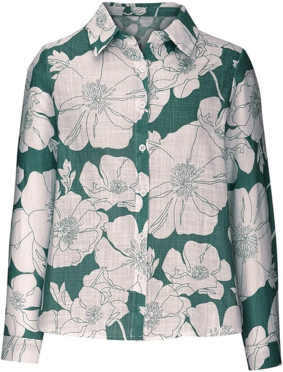 Linen Shirts for Women Summer Boho Floral Print Tops Elegant V Neck Button Casual Cotton Linen T Shirt Long Sleeve