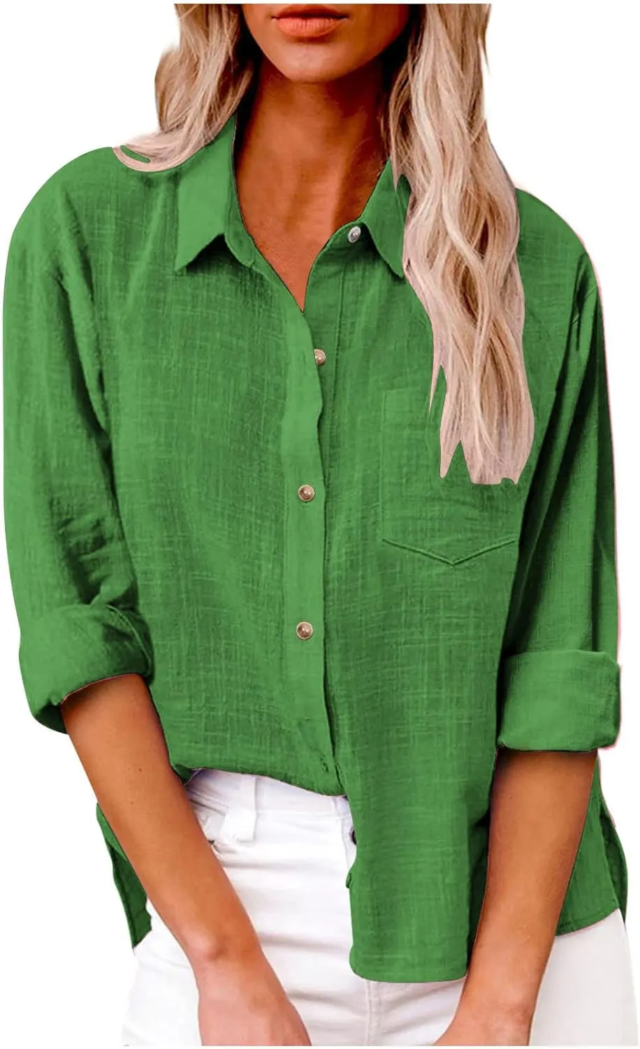Linen Shirts for Women Summer Long Sleeve Lapel Button Down Shirt Lightweight Gauze Tops Loose Casual Blouses Clothes