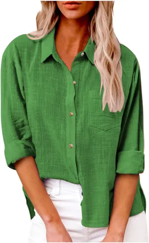 Linen Shirts for Women Summer Long Sleeve Lapel Button Down Shirt Lightweight Gauze Tops Loose Casual Blouses Clothes
