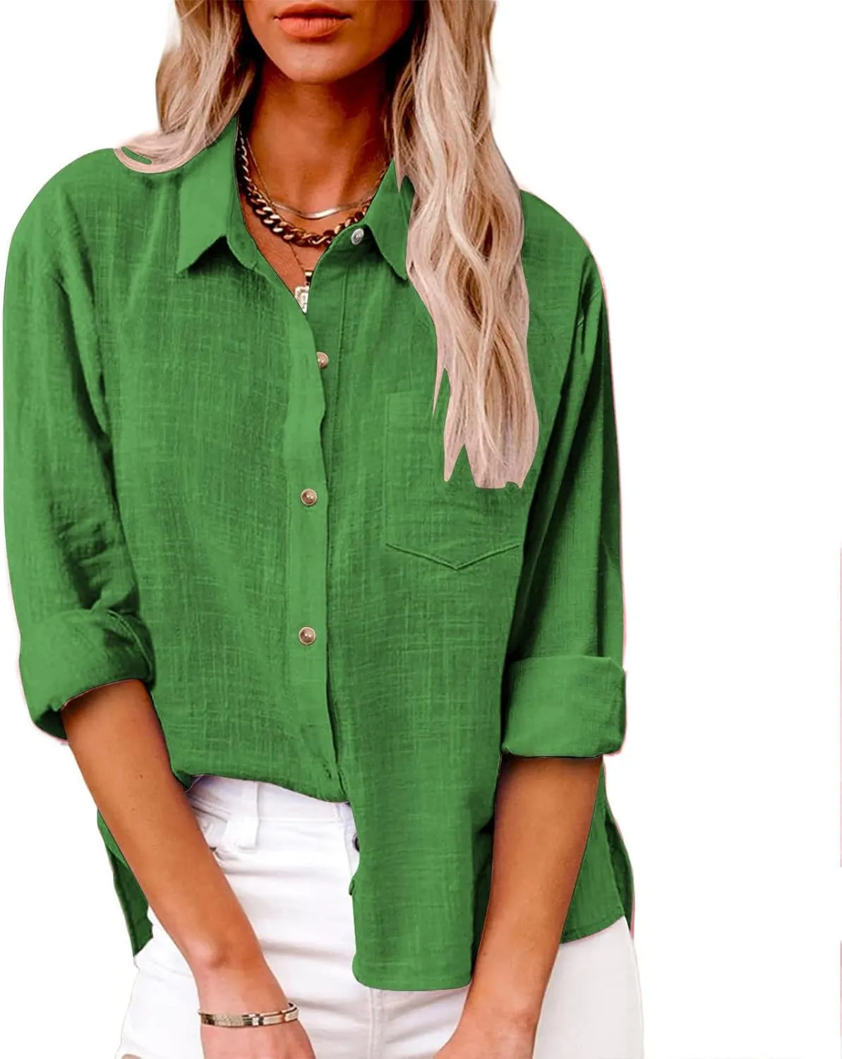 Linen Shirts for Women Summer Long Sleeve Lapel Button Down Shirt Lightweight Gauze Tops Loose Casual Blouses Clothes