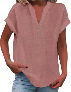 Linen Shirts for Women Summer Short Sleeve Linen Tops V Neck Button Down Shirts Plus Size Tops Dressy Shirt Blouses