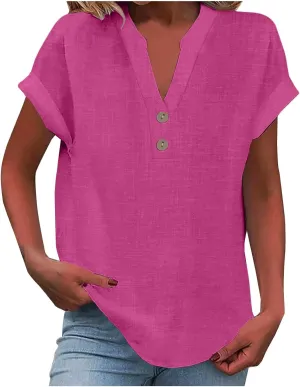 Linen Shirts for Women Summer Short Sleeve Linen Tops V Neck Button Down Shirts Plus Size Tops Dressy Shirt Blouses