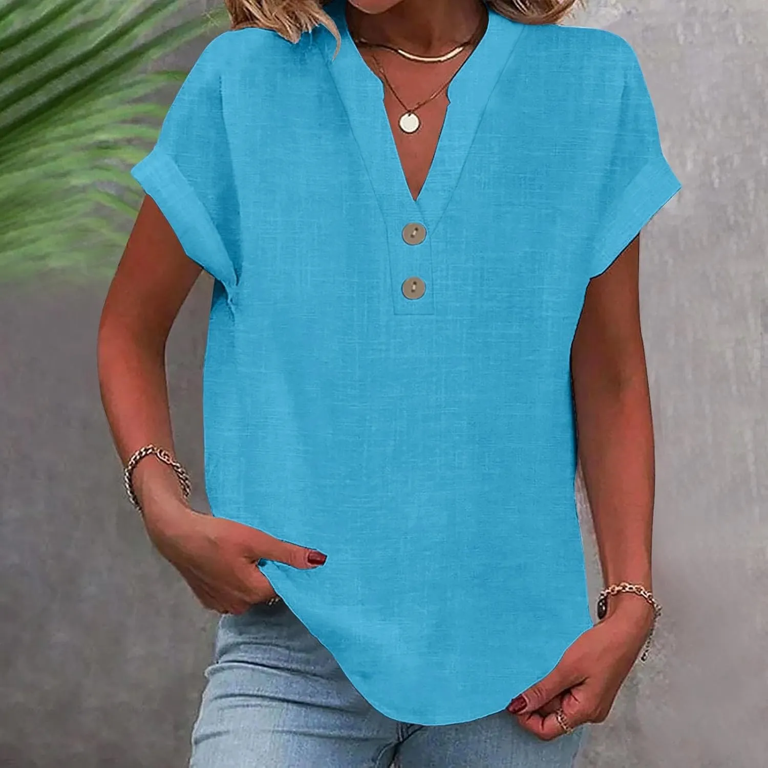 Linen Shirts for Women Summer Short Sleeve Linen Tops V Neck Button Down Shirts Plus Size Tops Dressy Shirt Blouses