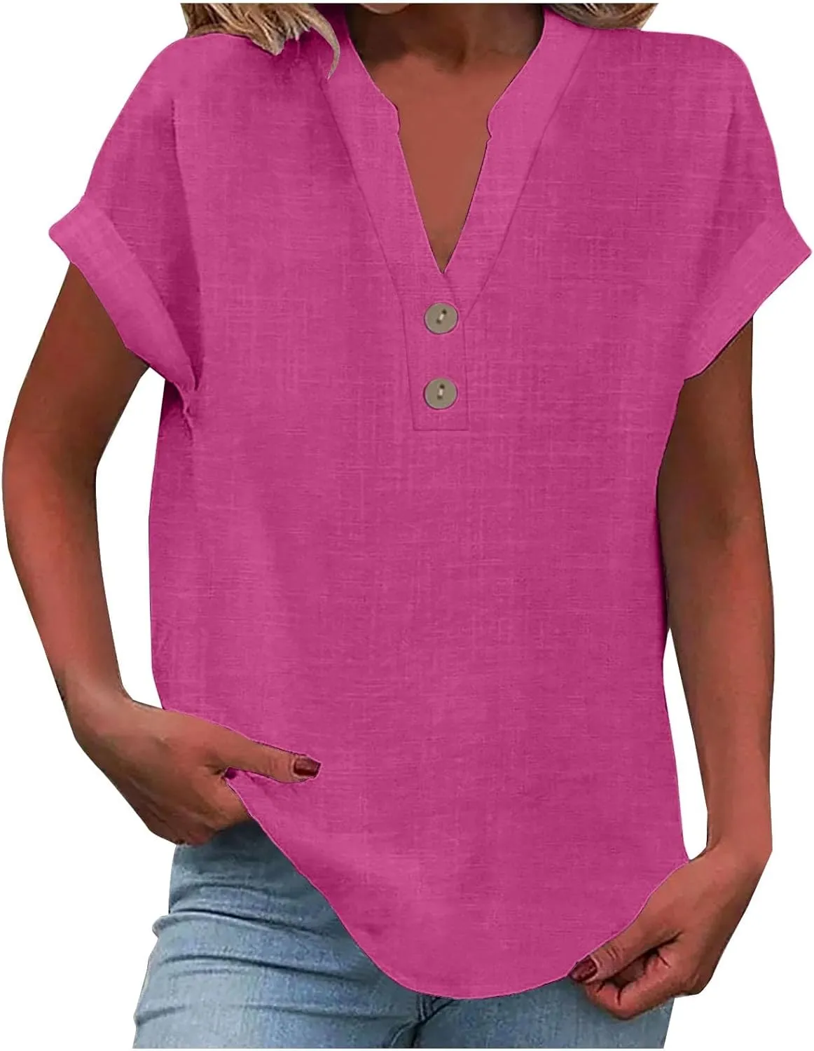 Linen Shirts for Women Summer Short Sleeve Linen Tops V Neck Button Down Shirts Plus Size Tops Dressy Shirt Blouses