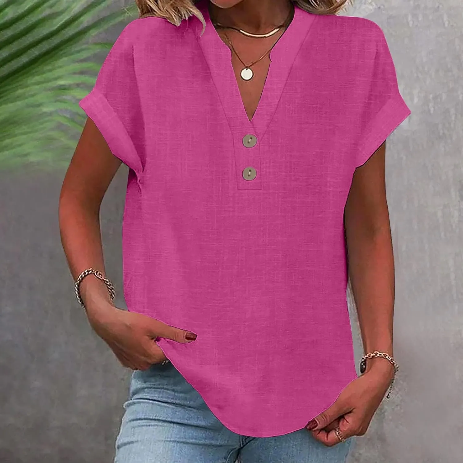 Linen Shirts for Women Summer Short Sleeve Linen Tops V Neck Button Down Shirts Plus Size Tops Dressy Shirt Blouses