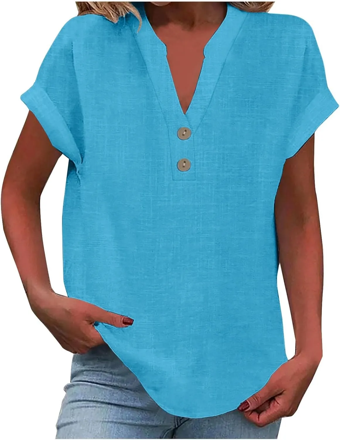 Linen Shirts for Women Summer Short Sleeve Linen Tops V Neck Button Down Shirts Plus Size Tops Dressy Shirt Blouses