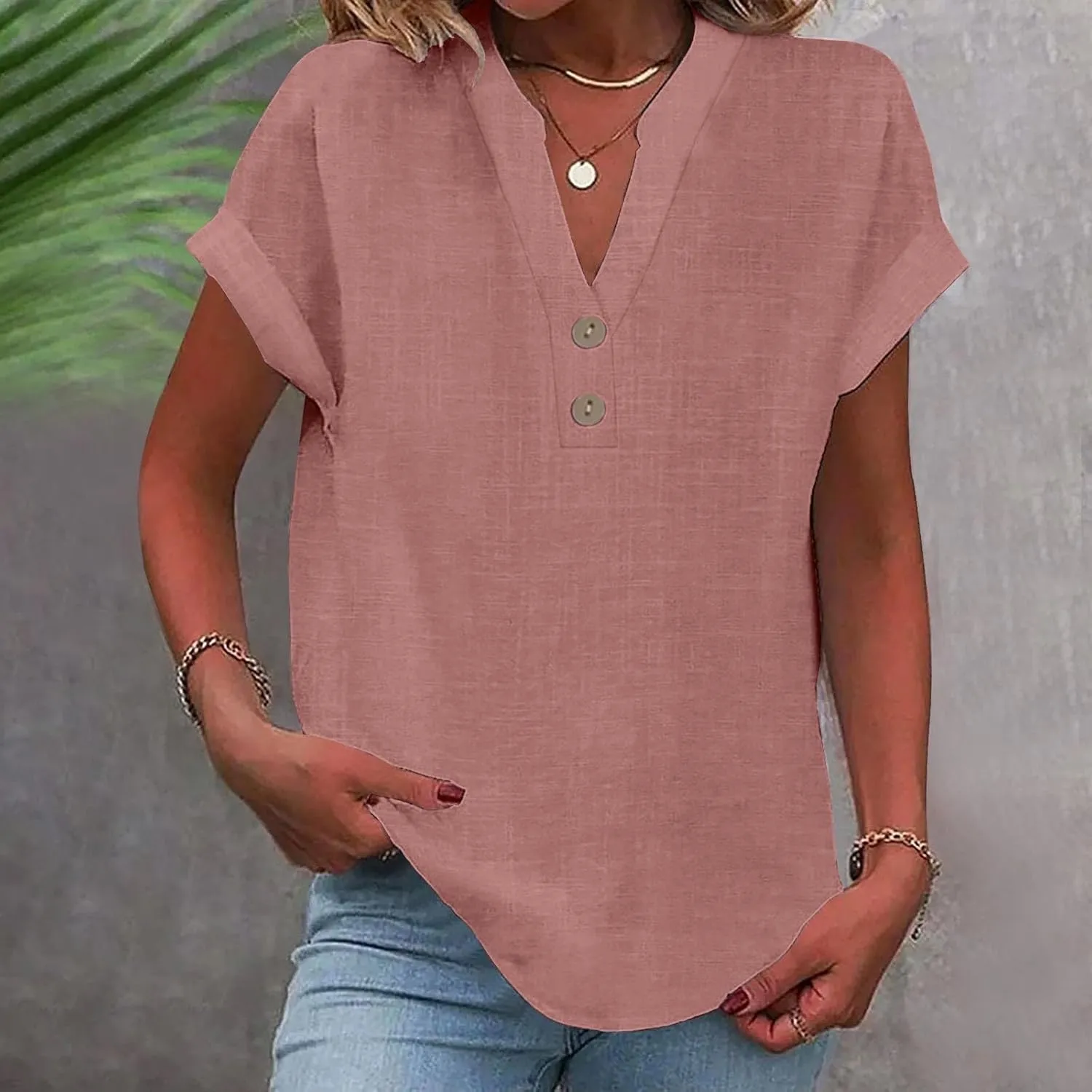 Linen Shirts for Women Summer Short Sleeve Linen Tops V Neck Button Down Shirts Plus Size Tops Dressy Shirt Blouses