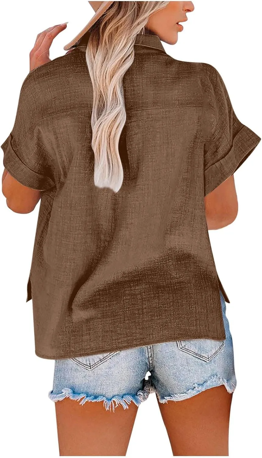 Linen Shirts for Women Trendy V Neck Loose Tee Casual Solid Color Tops With Pocket Lapel Blouses Short Sleeve Outfits