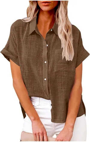 Linen Shirts for Women Trendy V Neck Loose Tee Casual Solid Color Tops With Pocket Lapel Blouses Short Sleeve Outfits
