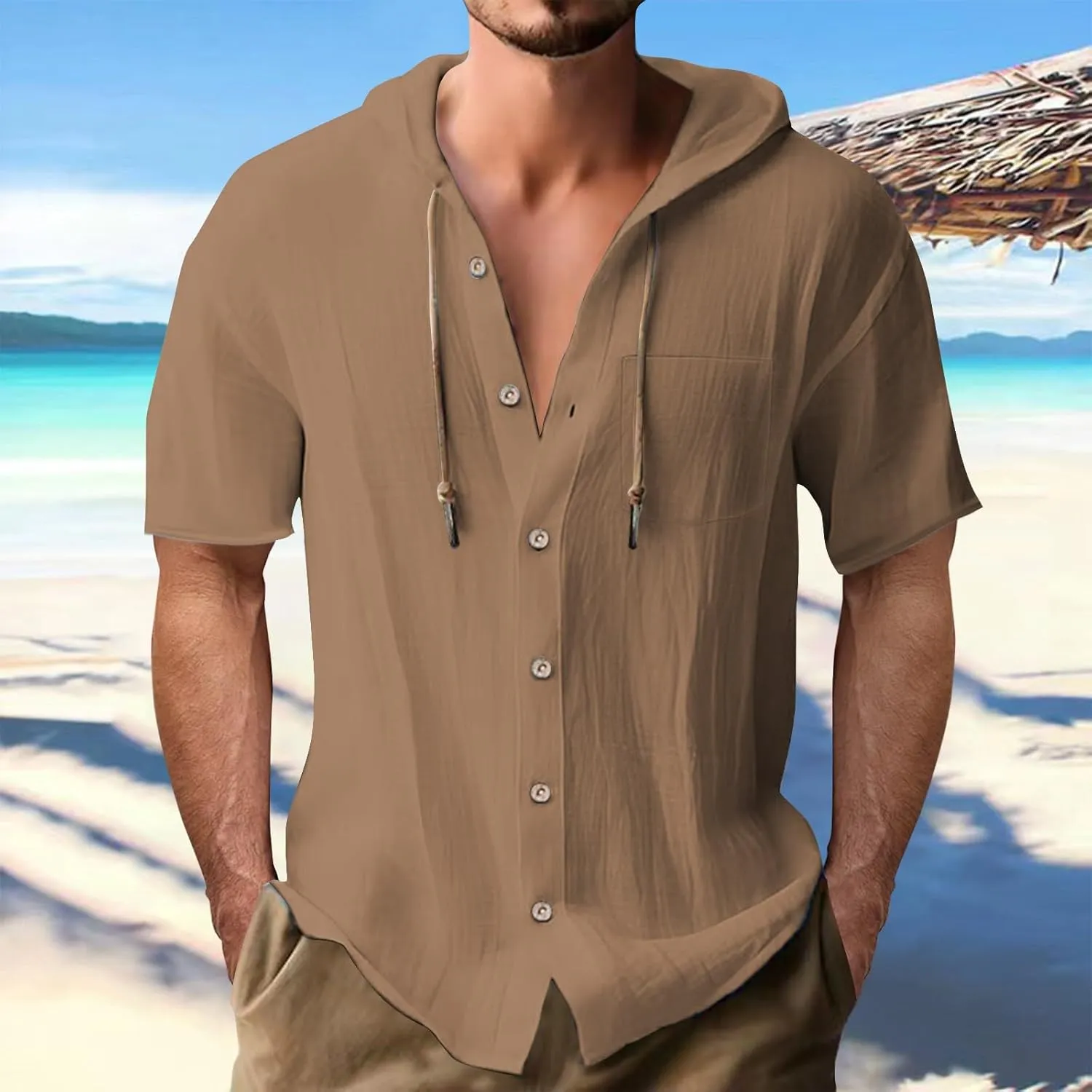 Linen Shirts Mens Vintage Bohemia Cotton Button Down Beach Hippie Shirt Summer Casual Lace Up Long Sleeve Hoodies