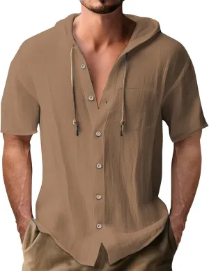 Linen Shirts Mens Vintage Bohemia Cotton Button Down Beach Hippie Shirt Summer Casual Lace Up Long Sleeve Hoodies