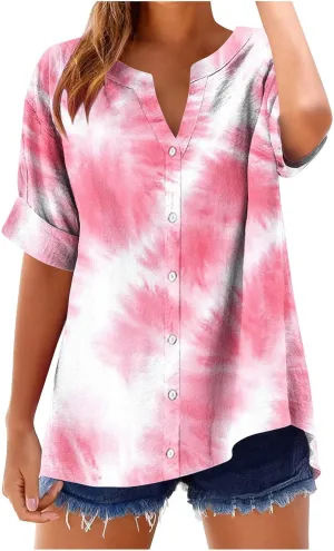 Linen Shirts Women Loose Fit Roll Up Short Sleeve Blouse Notch V Neck Button Down Tops Cute Print T-Shirt Summer 2025