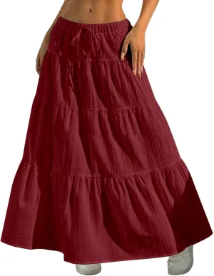 Linen Skirts for Women Summer 2025 Boho Maxi Skirt A-Line Flowy Ruffle Tiered High Waist Beach Long Dress Skirts
