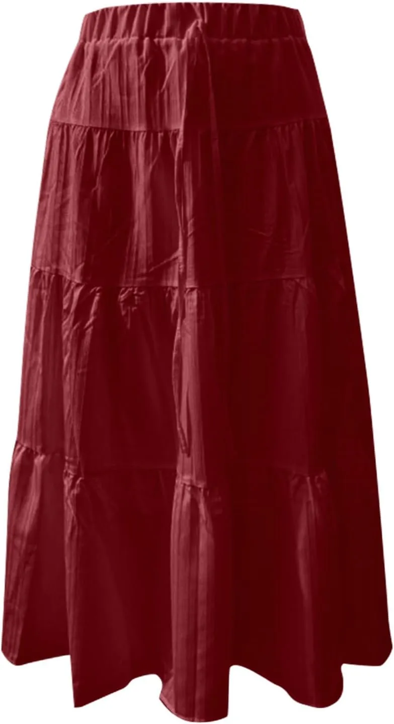 Linen Skirts for Women Summer 2025 Boho Maxi Skirt A-Line Flowy Ruffle Tiered High Waist Beach Long Dress Skirts
