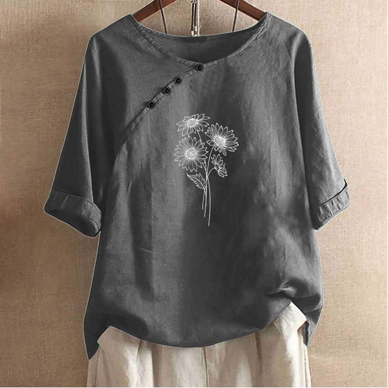 Linen Tops For Women Crewneck Button Down Floral Blouse Tops Dressy Casual Summer Oversized Tshirts 2024