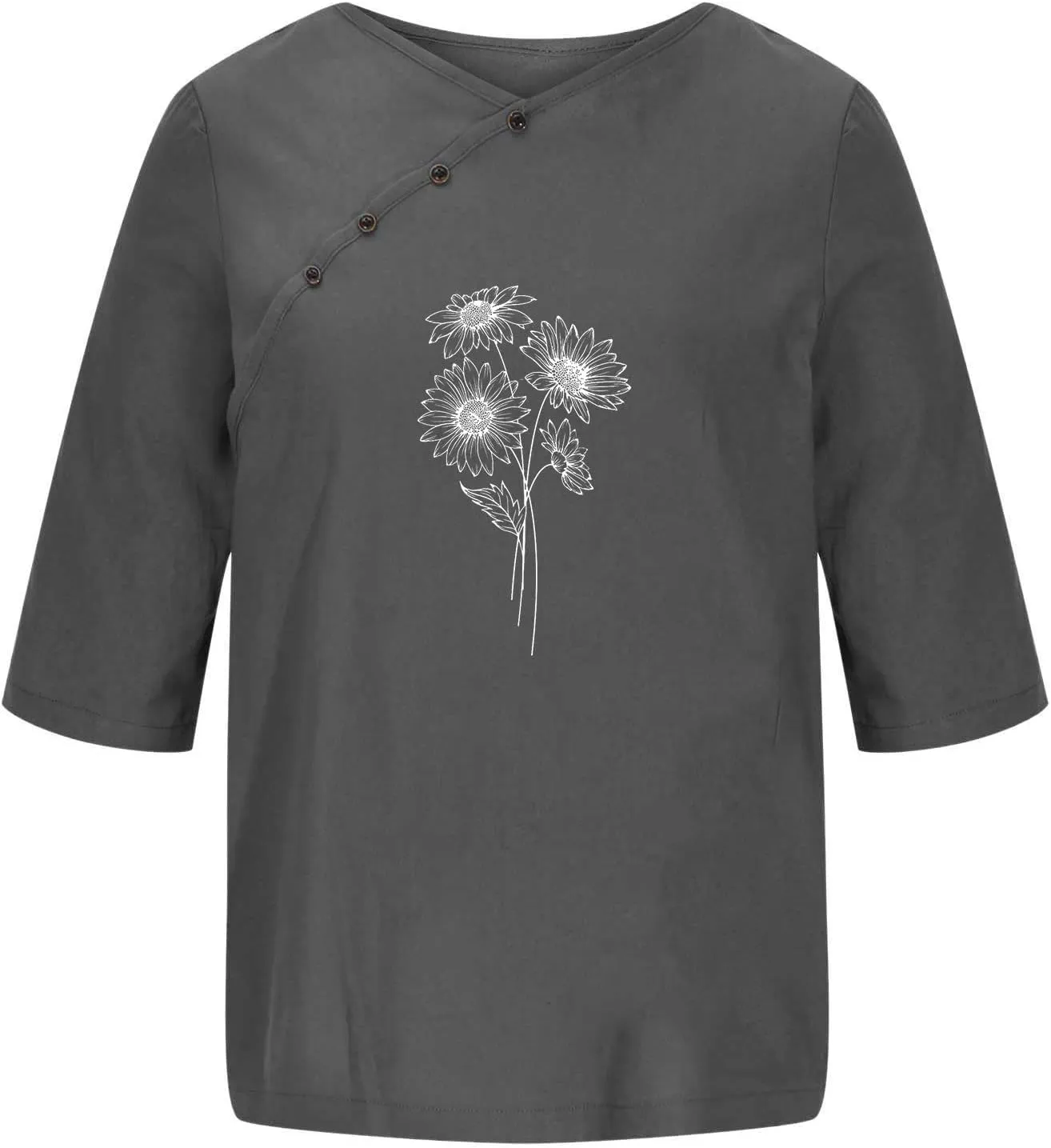 Linen Tops For Women Crewneck Button Down Floral Blouse Tops Dressy Casual Summer Oversized Tshirts 2024