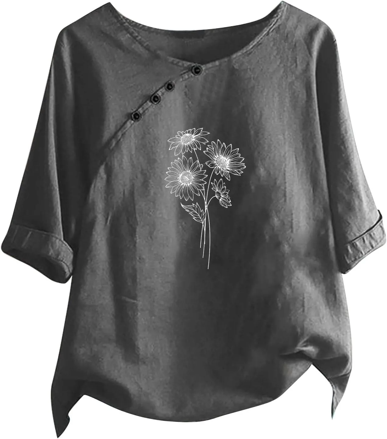 Linen Tops For Women Crewneck Button Down Floral Blouse Tops Dressy Casual Summer Oversized Tshirts 2024