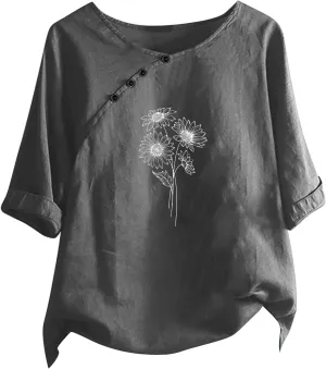Linen Tops For Women Crewneck Button Down Floral Blouse Tops Dressy Casual Summer Oversized Tshirts 2024