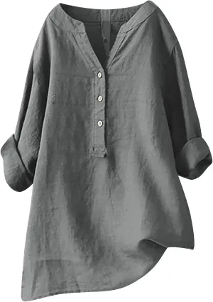 Linen Tops for Women Plus Sized Long Sleeve V-Neck Blouse Tops Casual Solid Color Spring Oclothes