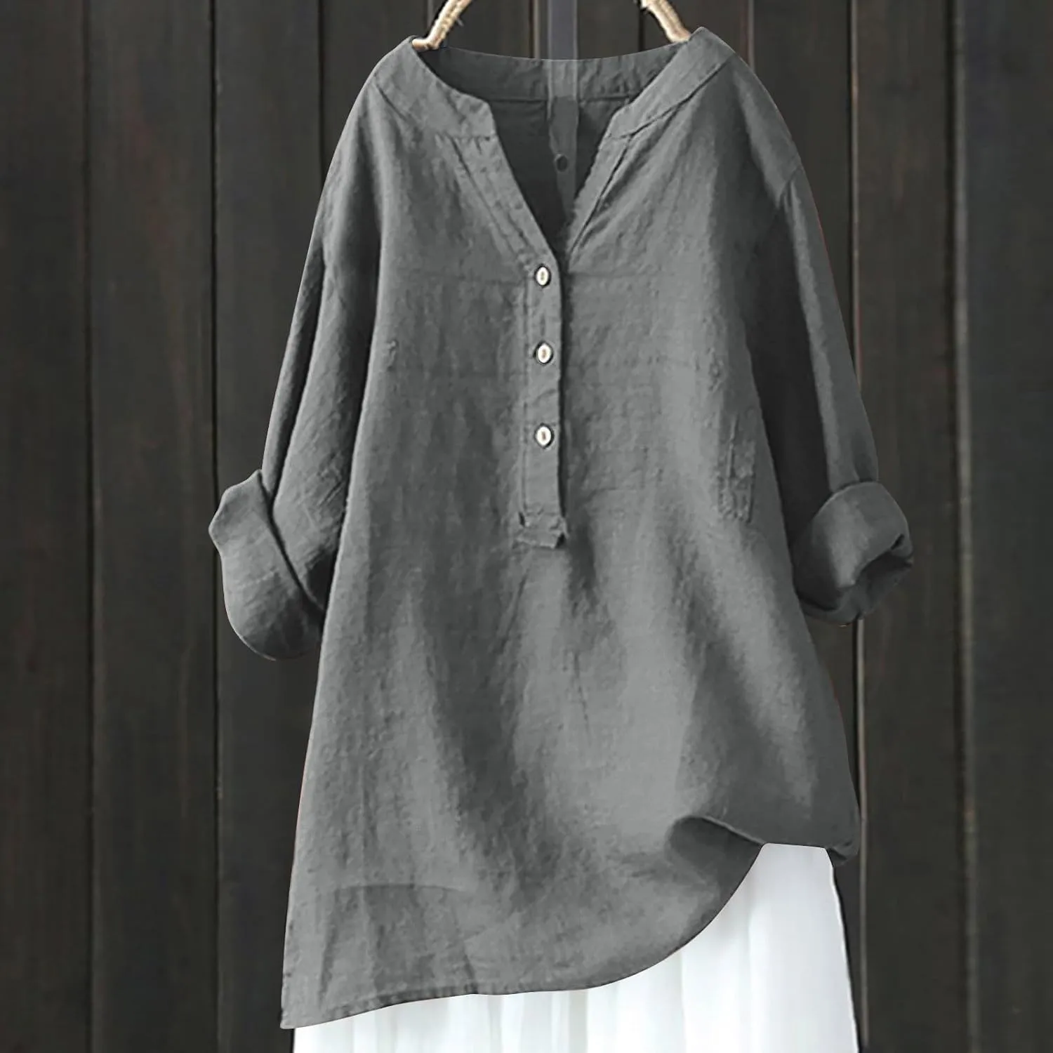 Linen Tops for Women Plus Sized Long Sleeve V-Neck Blouse Tops Casual Solid Color Spring Oclothes