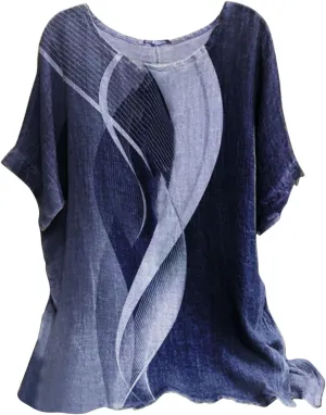 Linen Tops for Women Summer 2024 Plus Size Crewneck Short Sleeve T Shirts Loose Casual Fashion Printed Boho Blouses