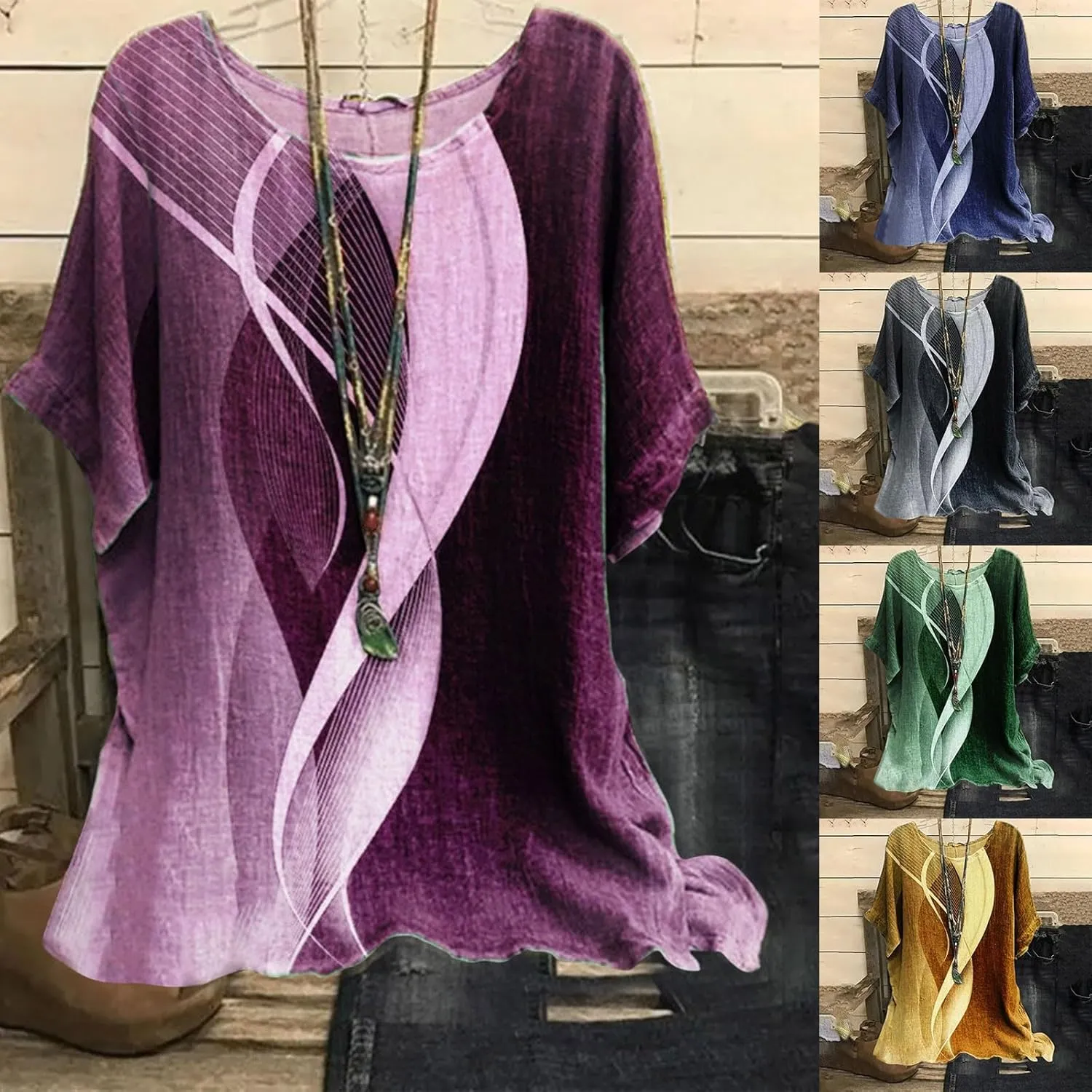 Linen Tops for Women Summer 2024 Plus Size Crewneck Short Sleeve T Shirts Loose Casual Fashion Printed Boho Blouses