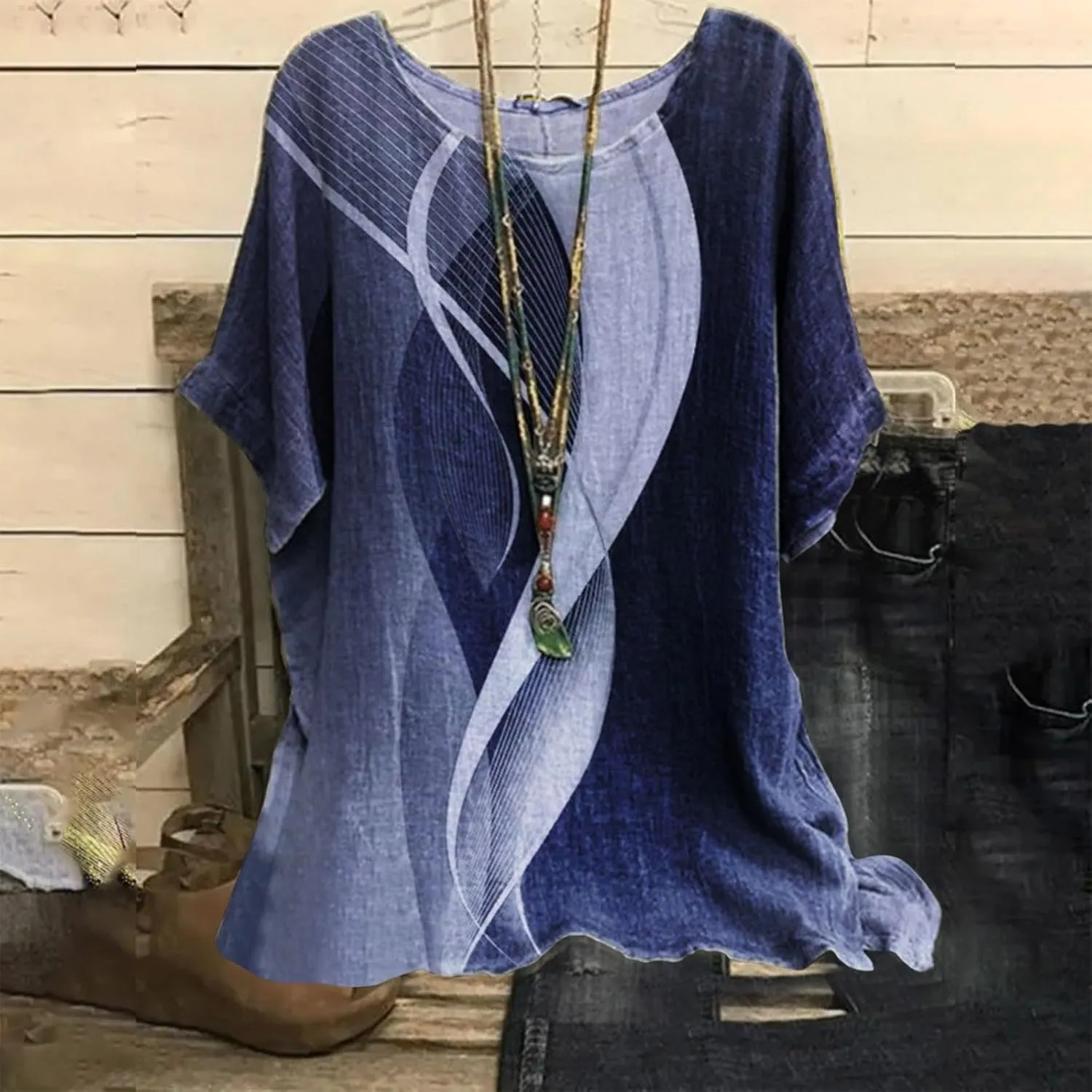 Linen Tops for Women Summer 2024 Plus Size Crewneck Short Sleeve T Shirts Loose Casual Fashion Printed Boho Blouses