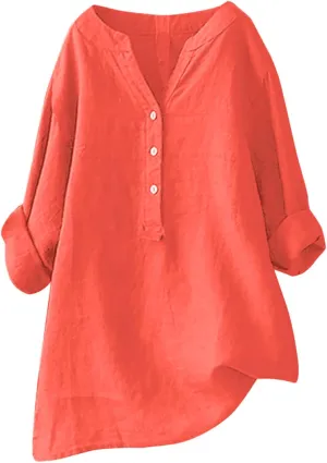 Linen Tops for Women Summer Casual Button Down 3/4 Sleeve Loose Cotton Linen Shirts V Neck Plus Size Tunic Tops Dressy Blouse