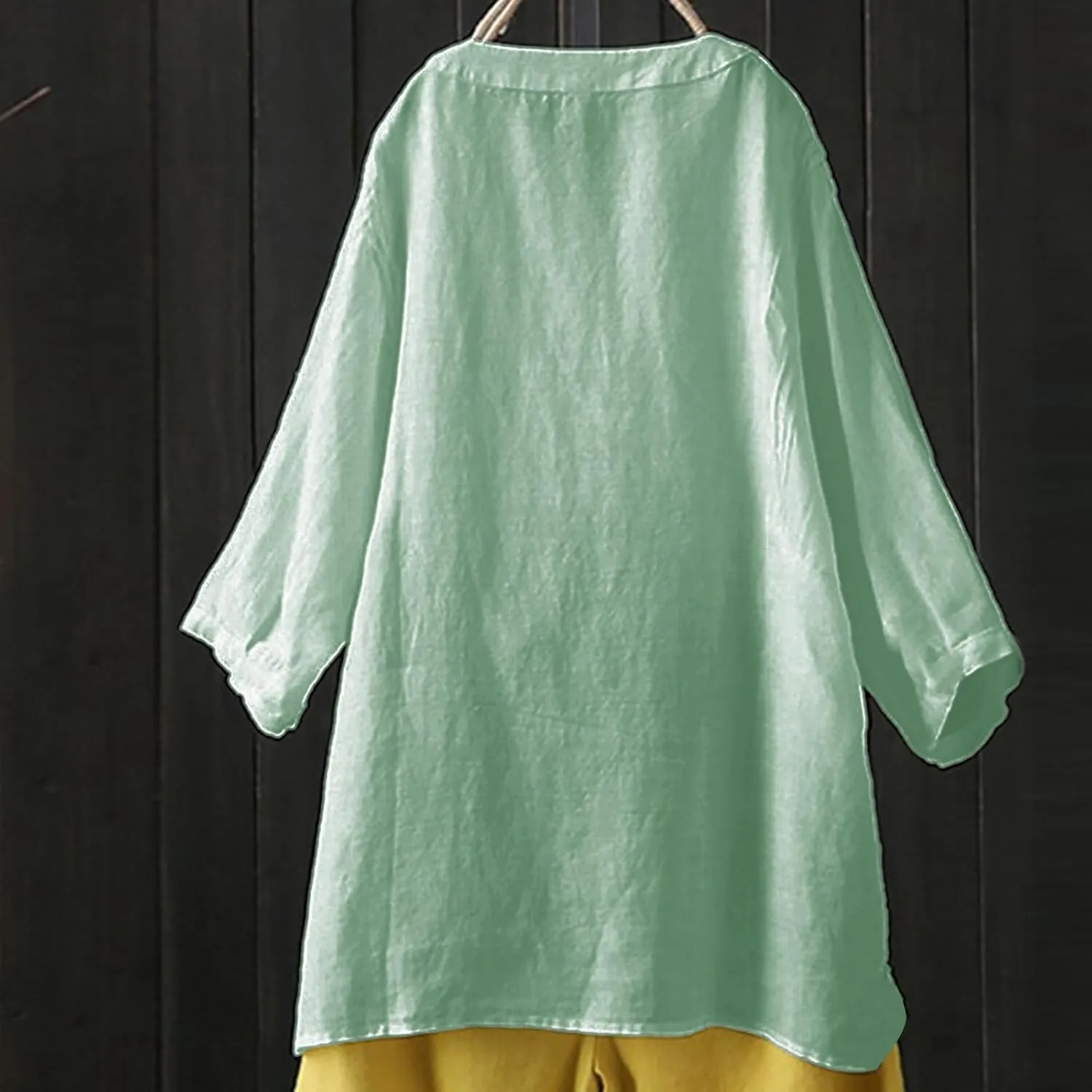 Linen Tops for Women Summer Casual Button Down 3/4 Sleeve Loose Cotton Linen Shirts V Neck Plus Size Tunic Tops Dressy Blouse