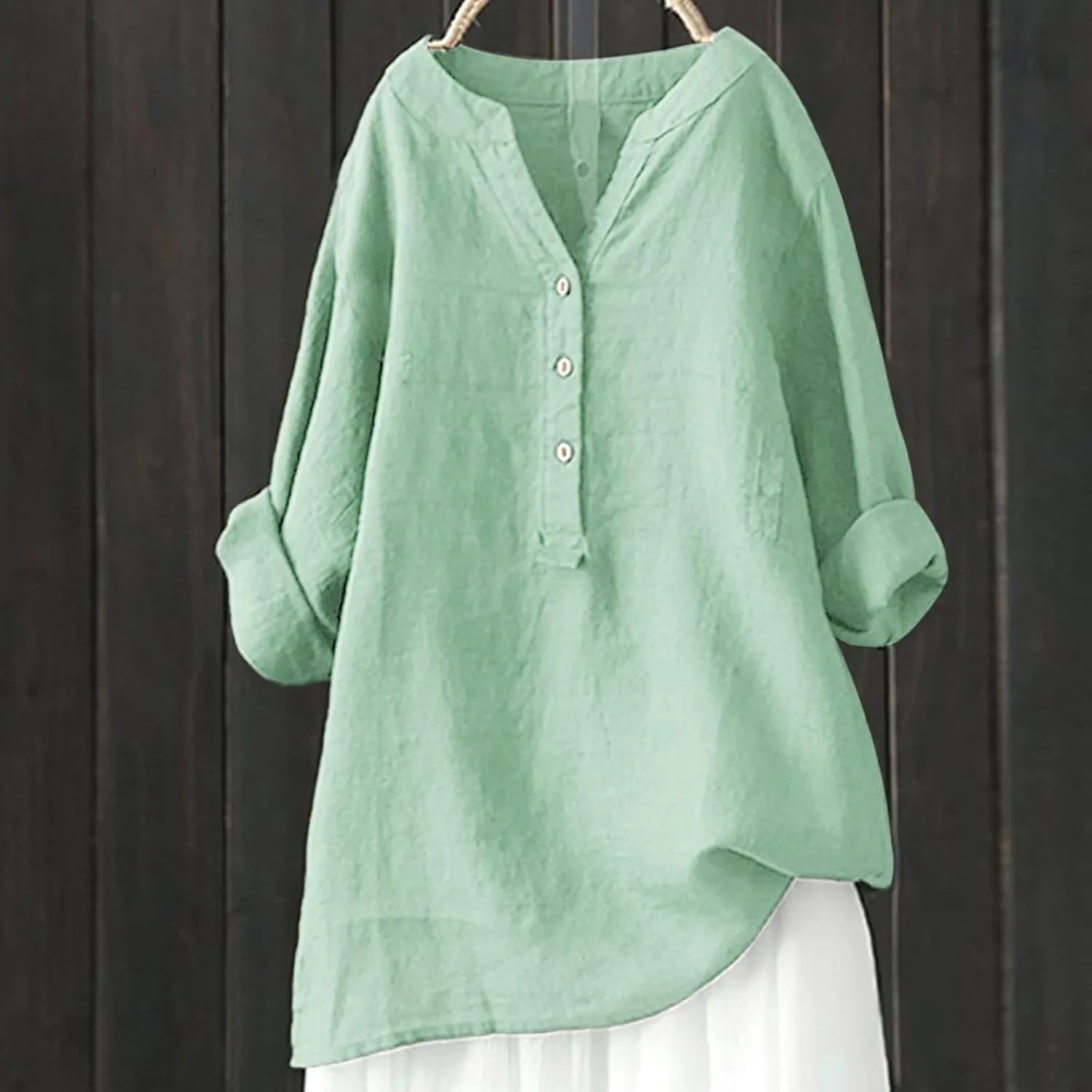 Linen Tops for Women Summer Casual Button Down 3/4 Sleeve Loose Cotton Linen Shirts V Neck Plus Size Tunic Tops Dressy Blouse