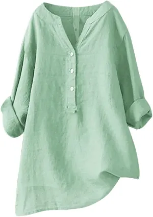 Linen Tops for Women Summer Casual Button Down 3/4 Sleeve Loose Cotton Linen Shirts V Neck Plus Size Tunic Tops Dressy Blouse