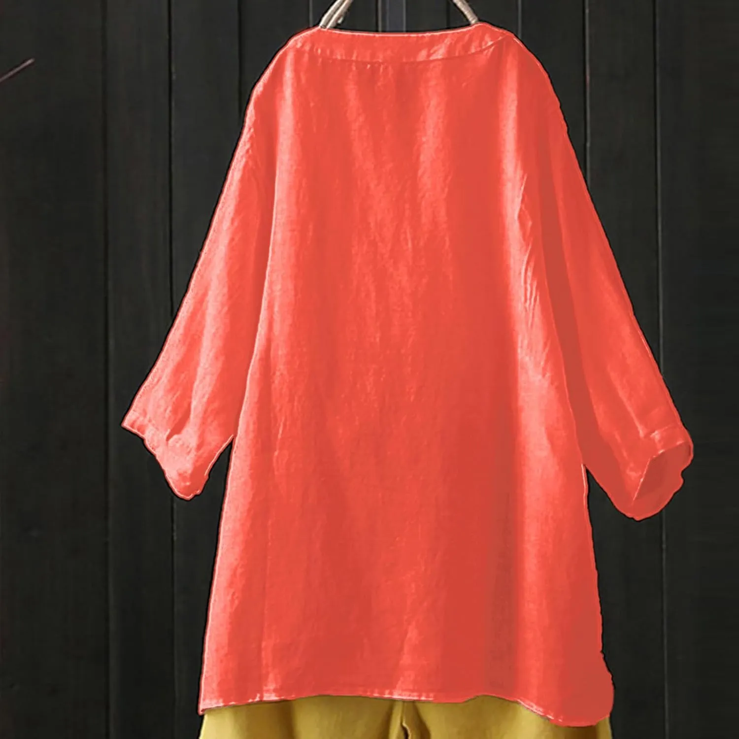 Linen Tops for Women Summer Casual Button Down 3/4 Sleeve Loose Cotton Linen Shirts V Neck Plus Size Tunic Tops Dressy Blouse