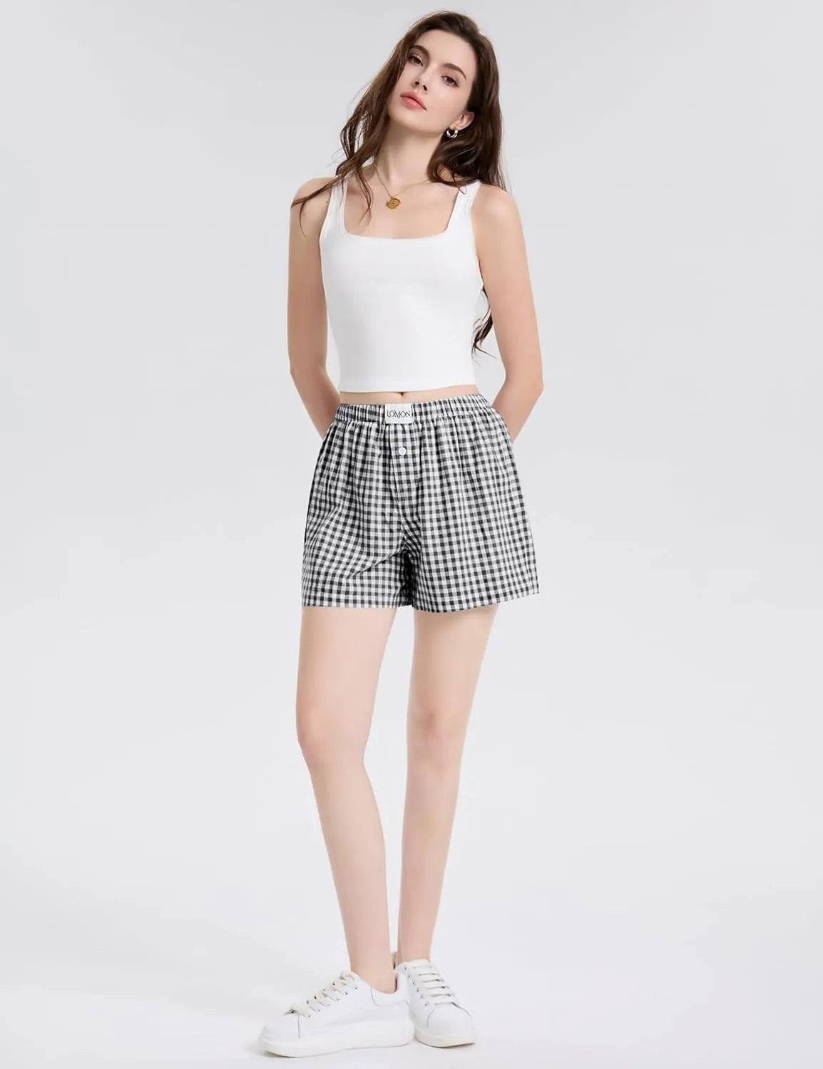 LOMON Womens Boxer Shorts Casual Summer Cotton Pajama Lounge Sleep Pj Gingham Plaid Shorts Y2K Beach Bottoms