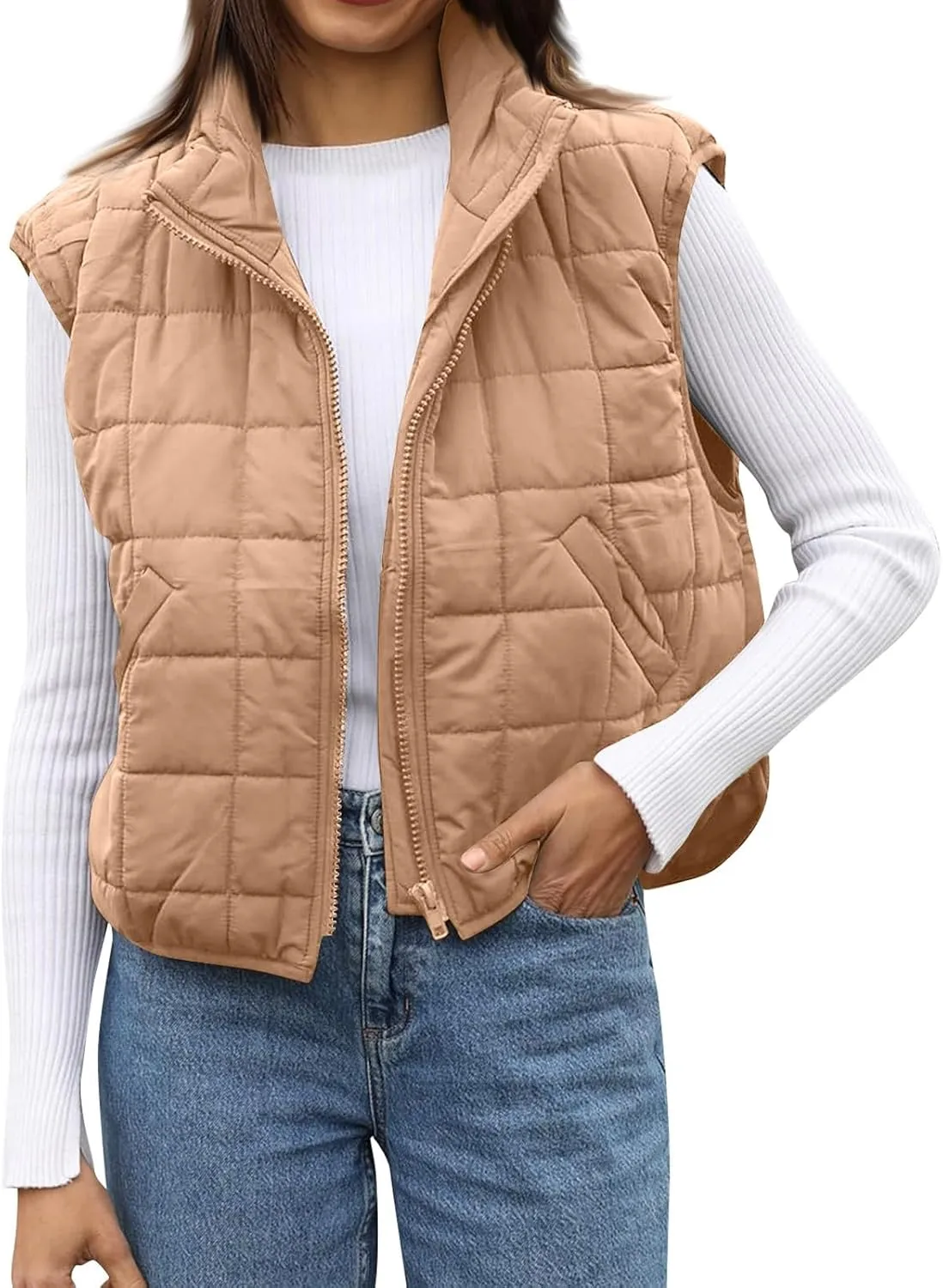 Long Fleece Vests For Women 2024 Trendy Puffer Zip Up Sleeveless Hoodie Jacket Quilted Vest Padded Coat Outerwear