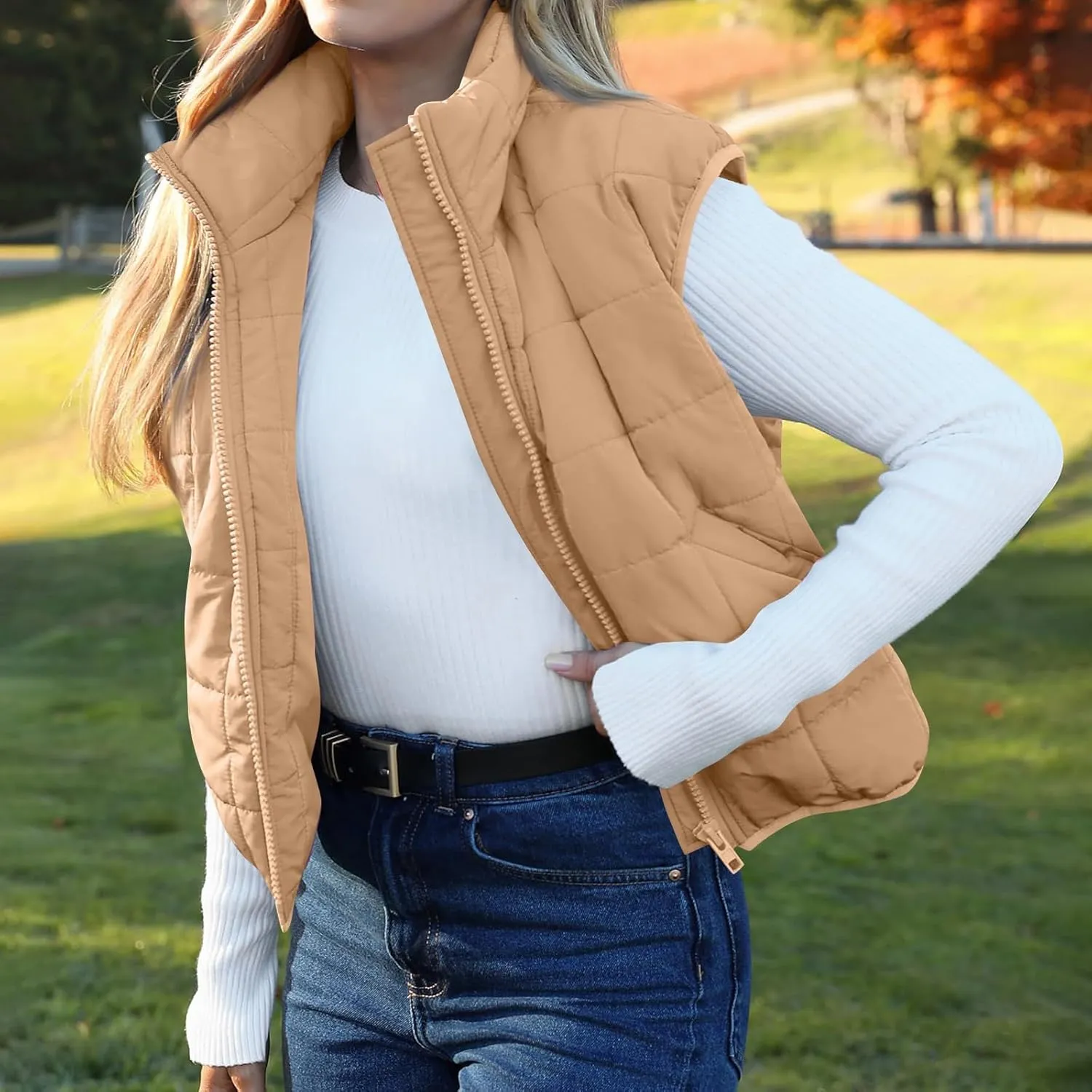 Long Fleece Vests For Women 2024 Trendy Puffer Zip Up Sleeveless Hoodie Jacket Quilted Vest Padded Coat Outerwear