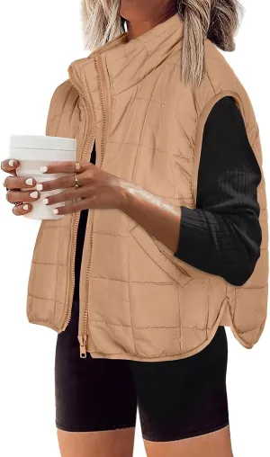 Long Fleece Vests For Women 2024 Trendy Puffer Zip Up Sleeveless Hoodie Jacket Quilted Vest Padded Coat Outerwear