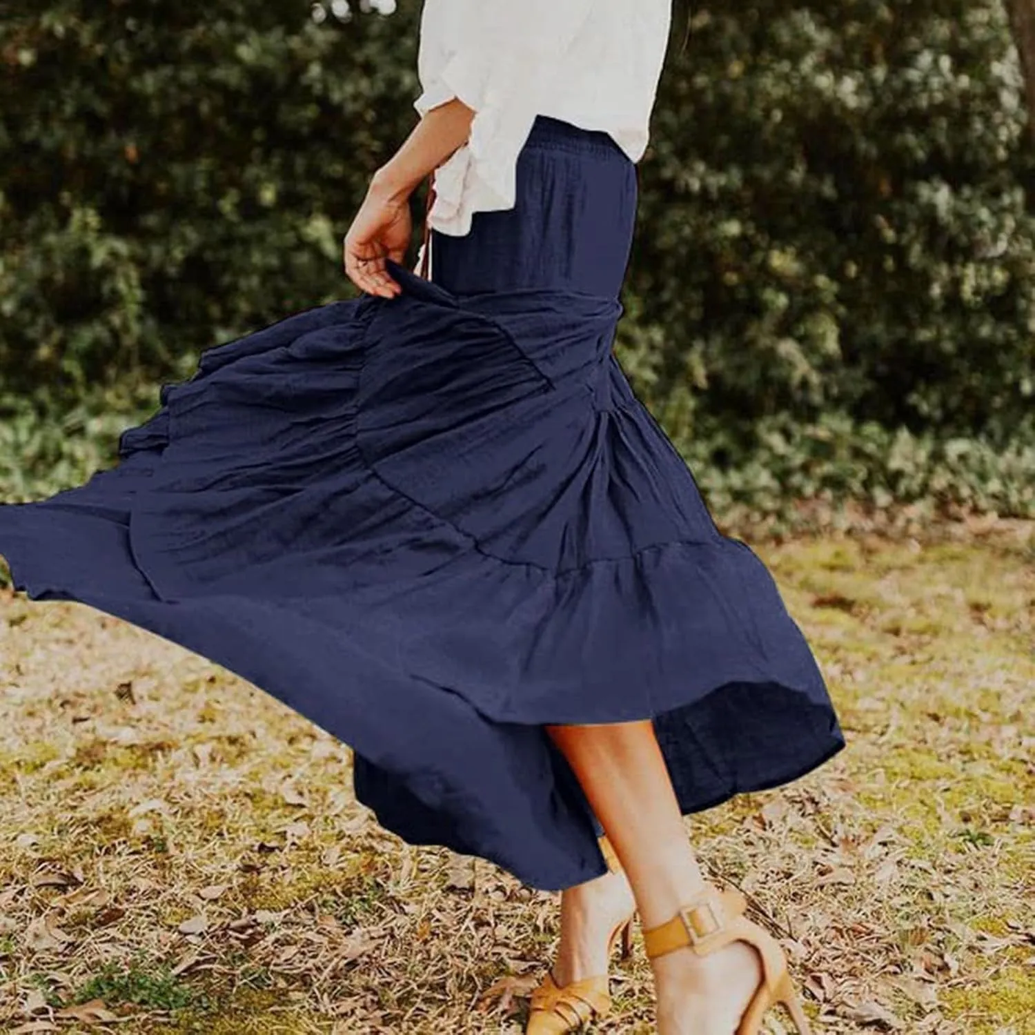 Long Pleated Skirts for Women A Line Summer High Waist Maxi Skirts Tiered Bohemian Flowy Drawstring Casual Skirts
