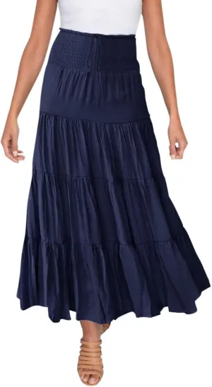 Long Pleated Skirts for Women A Line Summer High Waist Maxi Skirts Tiered Bohemian Flowy Drawstring Casual Skirts