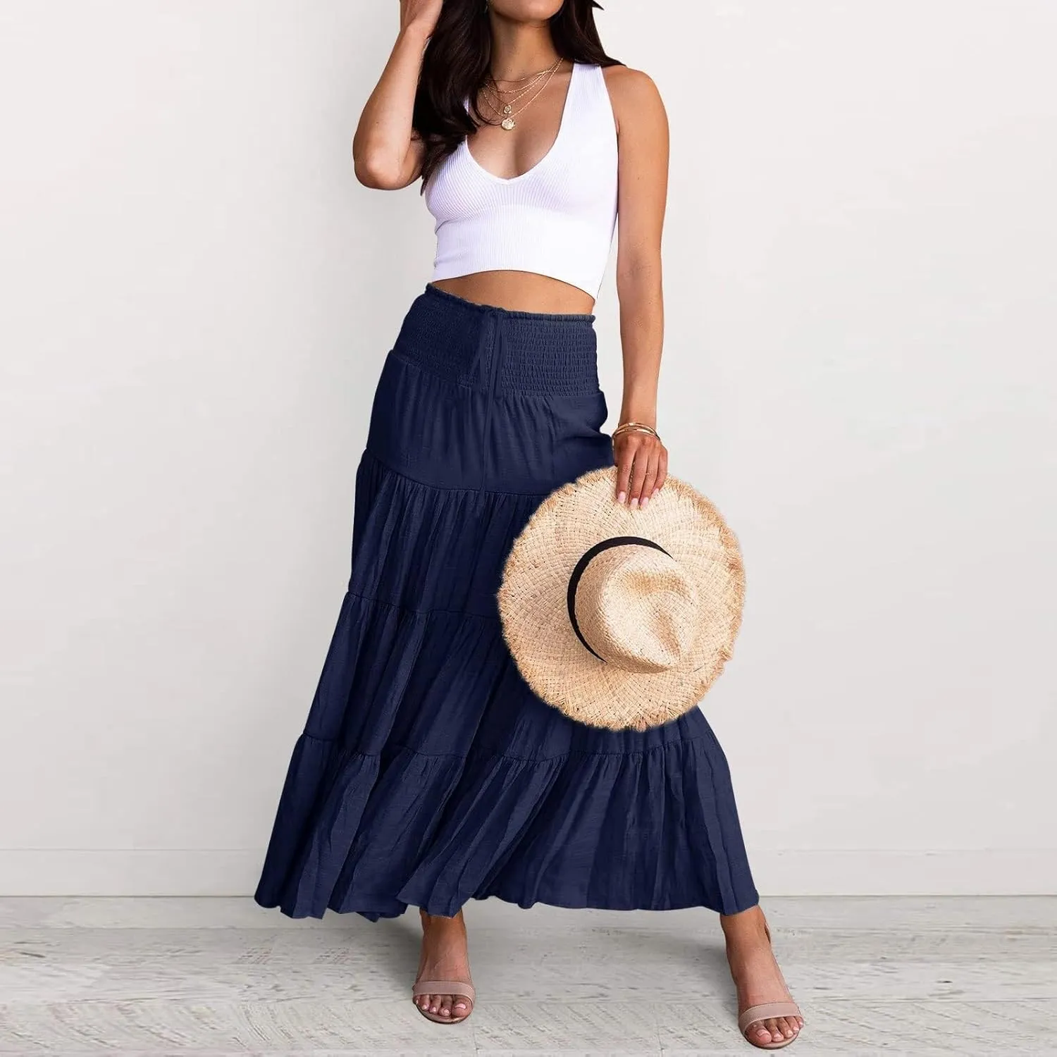 Long Pleated Skirts for Women A Line Summer High Waist Maxi Skirts Tiered Bohemian Flowy Drawstring Casual Skirts